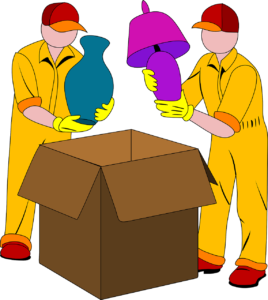 Drawing of movers packing lamps into boxes for moving