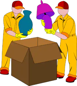 Drawing of movers packing lamps into boxes for moving