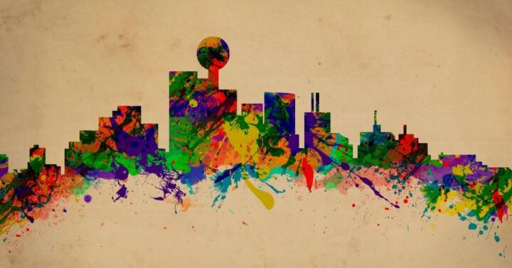 The Dallas Skyline in colorful dripping paint