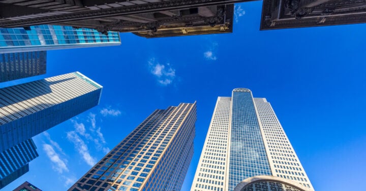 Looking up at buildings in downtown Dallas