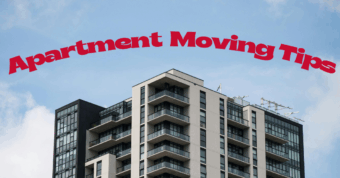 an apartment building with text above that says "APARTMENT MOVING TIPS"