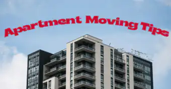 an apartment building with text above that says "APARTMENT MOVING TIPS"
