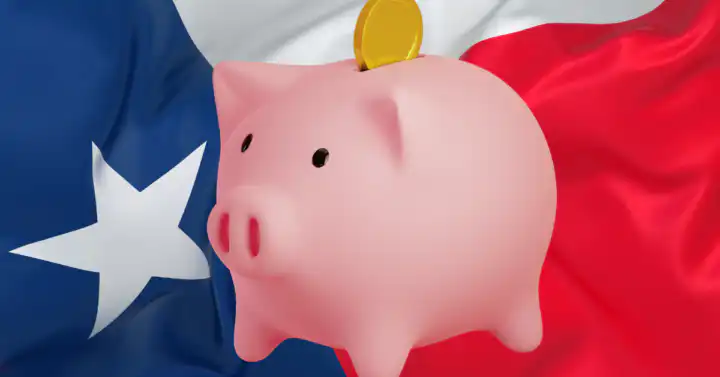 a piggy bank in front of a waving Texan flag