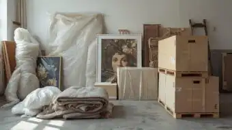 Artwork wrapped in protective materials—such as glassine paper and bubble wrap—then secured between foam corners and placed inside a sturdy, clearly labeled box to prevent damage during transport.