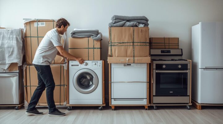 Large household appliances disconnected, cleaned, and secured with protective padding and straps.