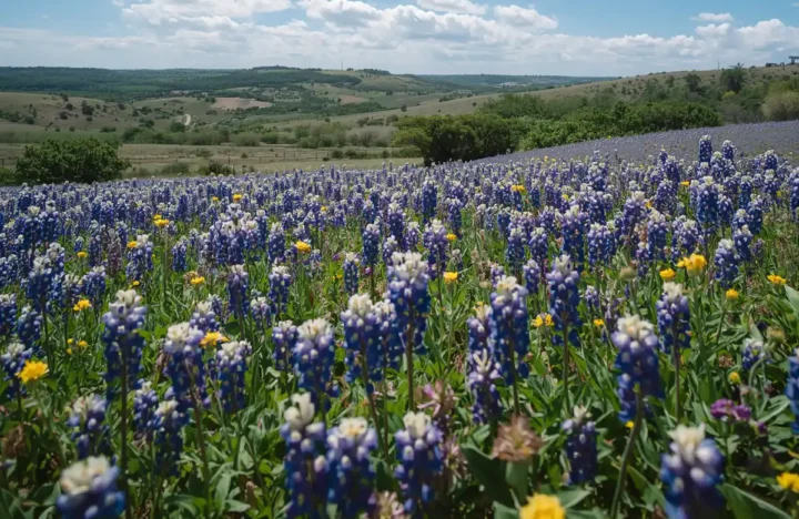 Beautiful Texas bluebonnets in full bloom, showcasing the local scenery for families moving to the area with Firehouse Movers.