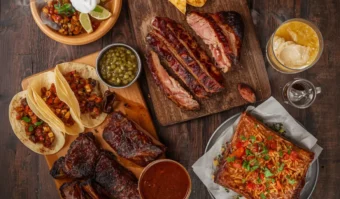 A hearty Texas BBQ platter with smoked brisket and ribs, enjoyed by the Firehouse Movers team during a community event.