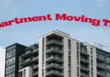 an apartment building with text above that says "APARTMENT MOVING TIPS"