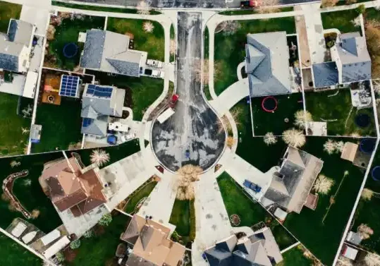 Aerial phot of a suburban neighborhood.
