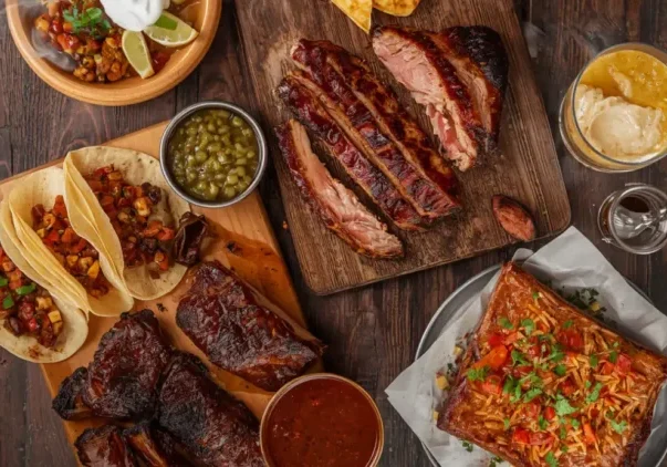 A hearty Texas BBQ platter with smoked brisket and ribs, enjoyed by the Firehouse Movers team during a community event.
