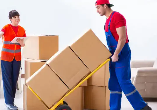 Firehouse Movers team members carrying cardboard moving boxes into a residential home during a move in Fort Worth, Texas.