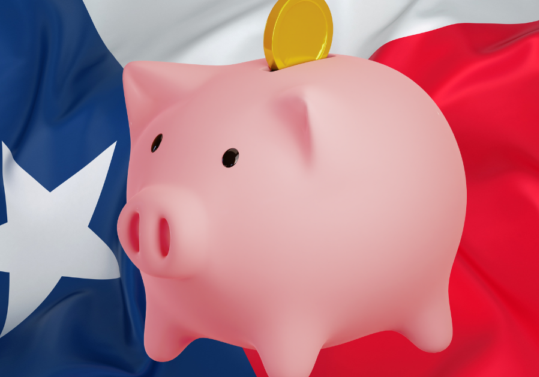 a piggy bank in front of a waving Texan flag
