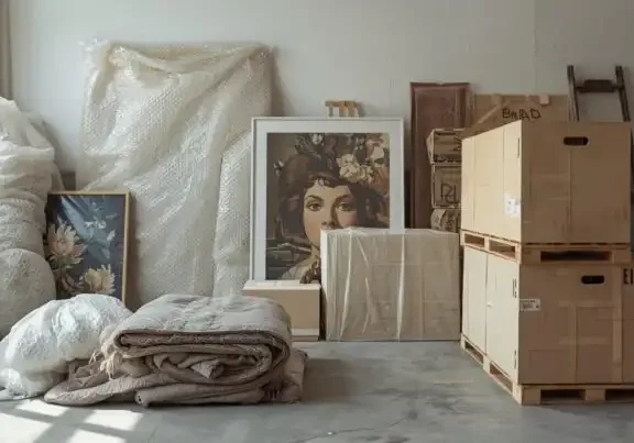 Artwork wrapped in protective materials—such as glassine paper and bubble wrap—then secured between foam corners and placed inside a sturdy, clearly labeled box to prevent damage during transport.