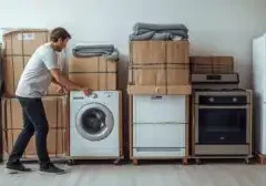 Large household appliances disconnected, cleaned, and secured with protective padding and straps.