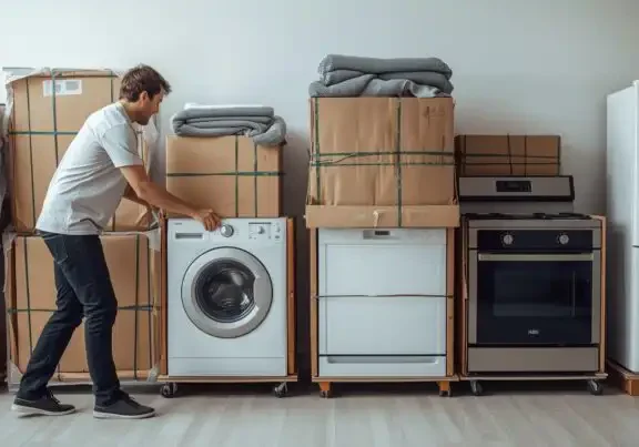 Large household appliances disconnected, cleaned, and secured with protective padding and straps.